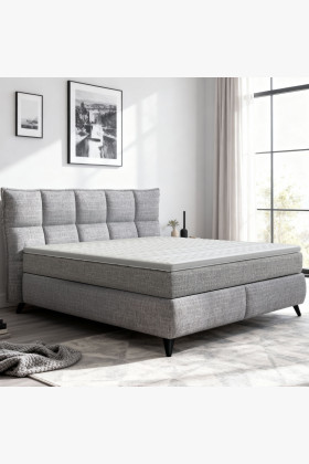 Szürke kékes árnyalatú boxspring ágy 180 cm tárolóval, fa szerkezetű